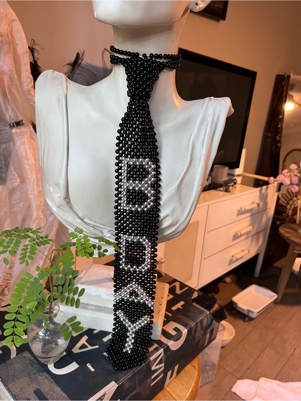 Black Beaded BDAY Tie Necklace good cond!
